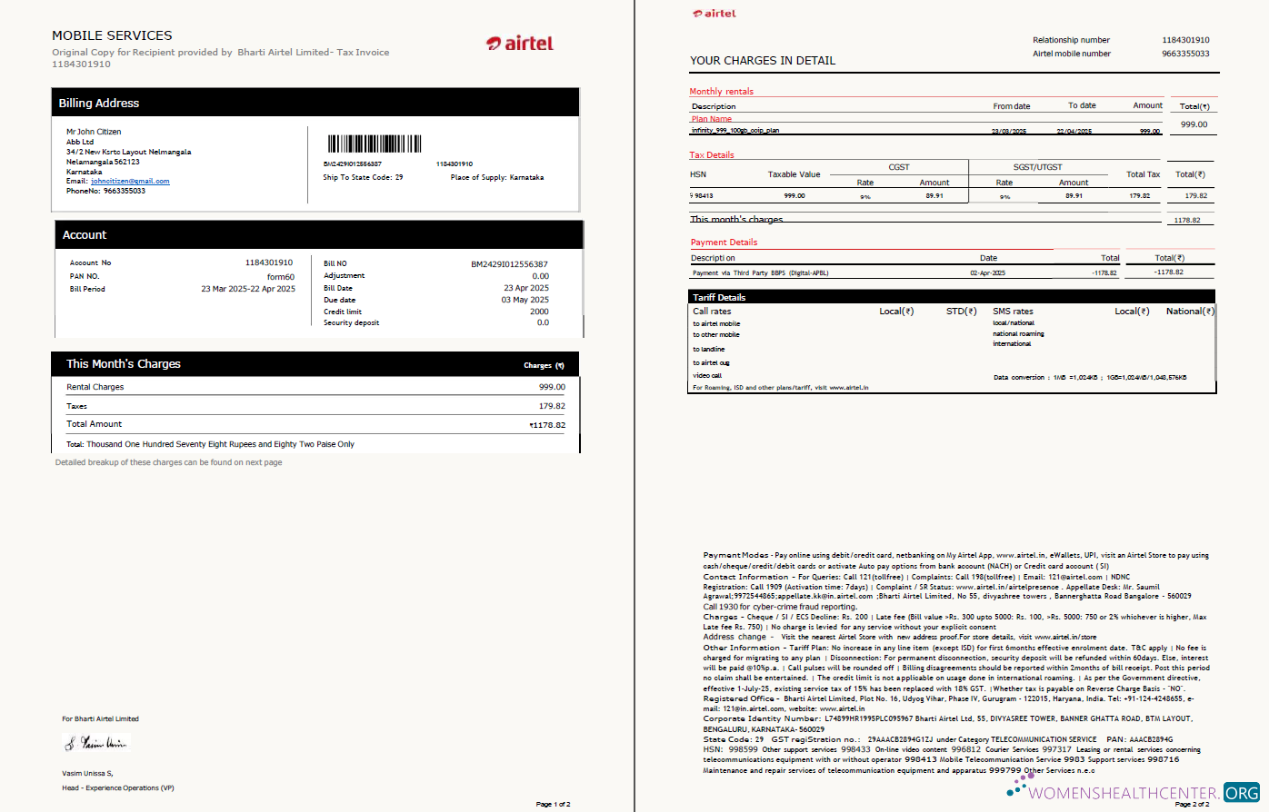 download India airtel utility bill template in Word and PDF formats, 2 pages, version 3 PDF template